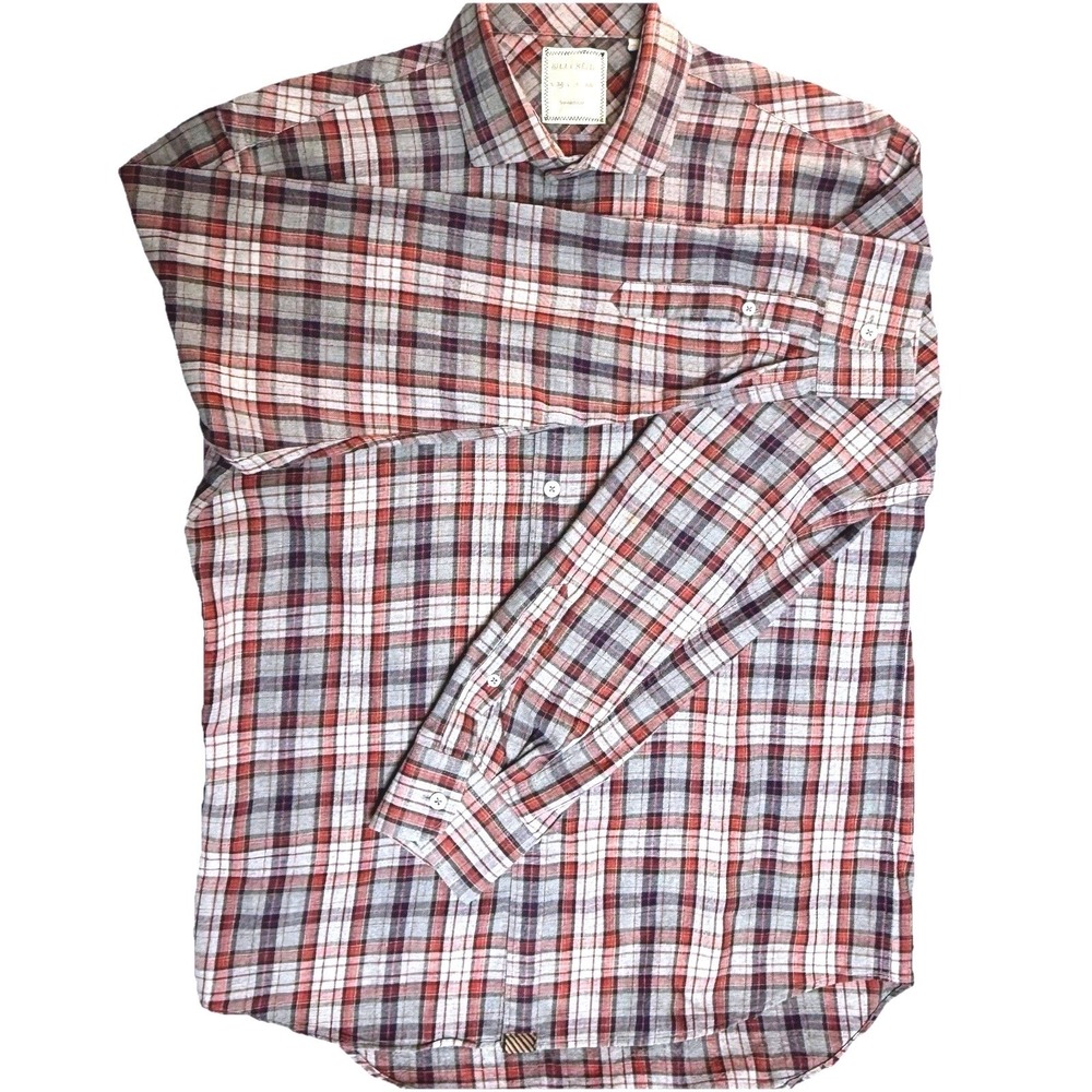 Billy Reid‎ Mens Plaid Flannel Shirt Medium Standard Cut Cotton Grey Orange Blue